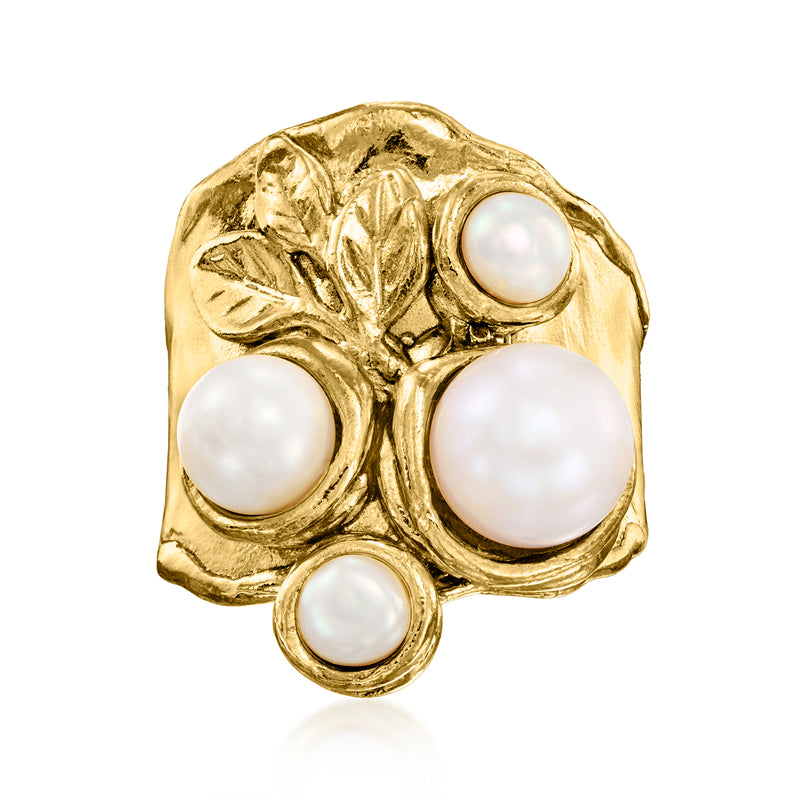 Gold-tone leaf ring with four round white cultured pearls, ornate textured setting