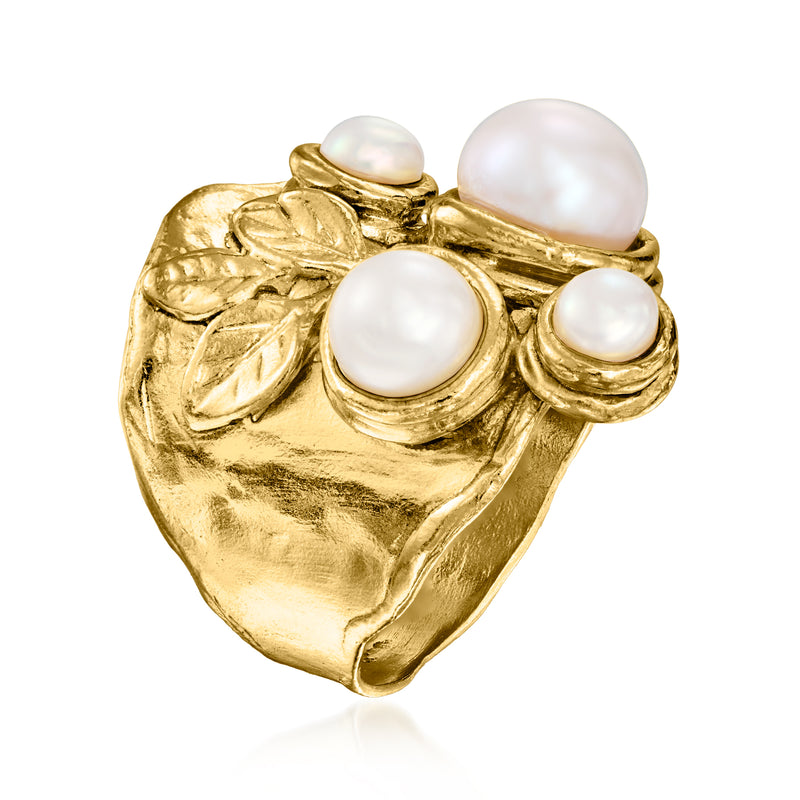 Gold-tone leaf ring with five white cultured pearls, side angle view, rounded bezel settings