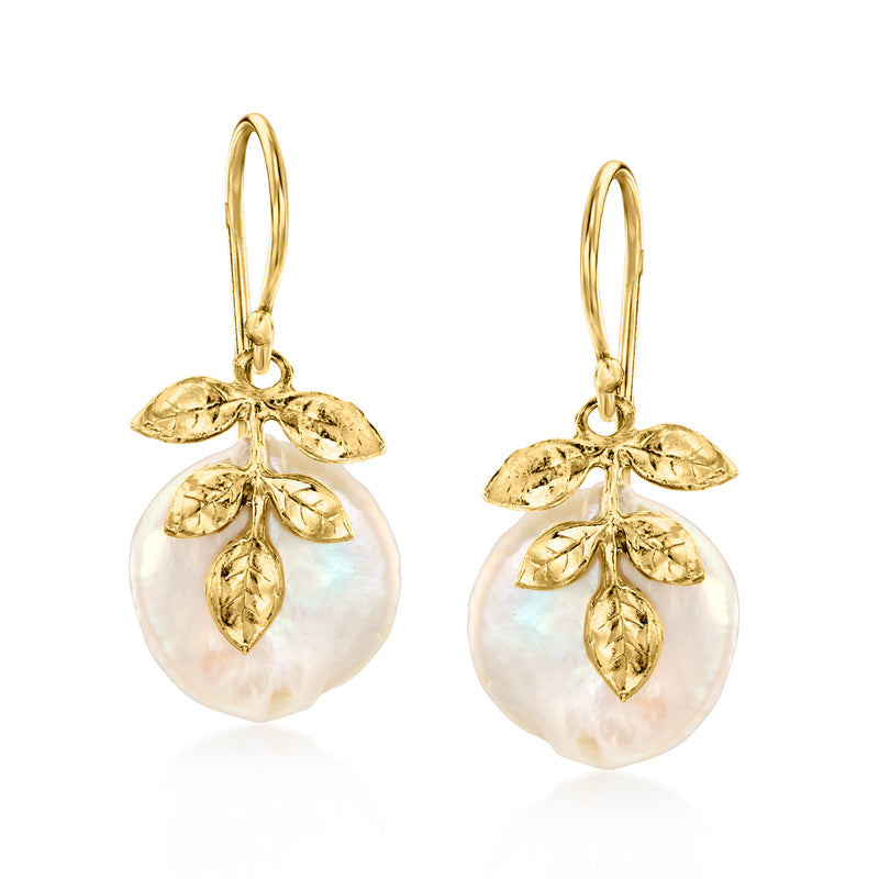 Leaf drop coin pearl earrings with gold leaf accents and hoop earwire; iridescent white pearl