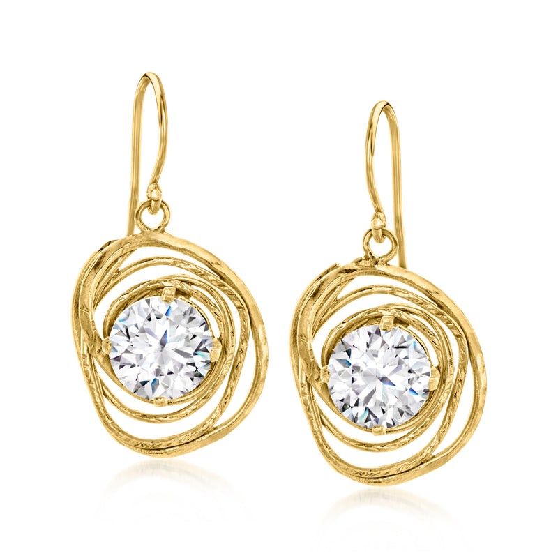 Gold-tone spiral drop earrings with round clear cubic zirconia stones