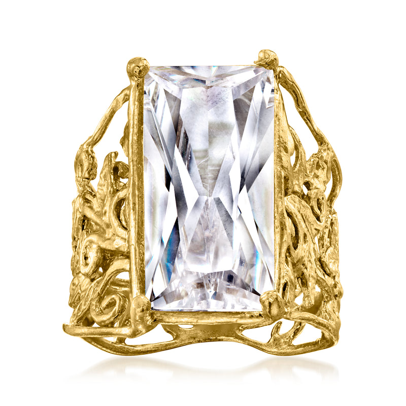 Gold-plated scrollwork ring with large rectangular clear CZ center