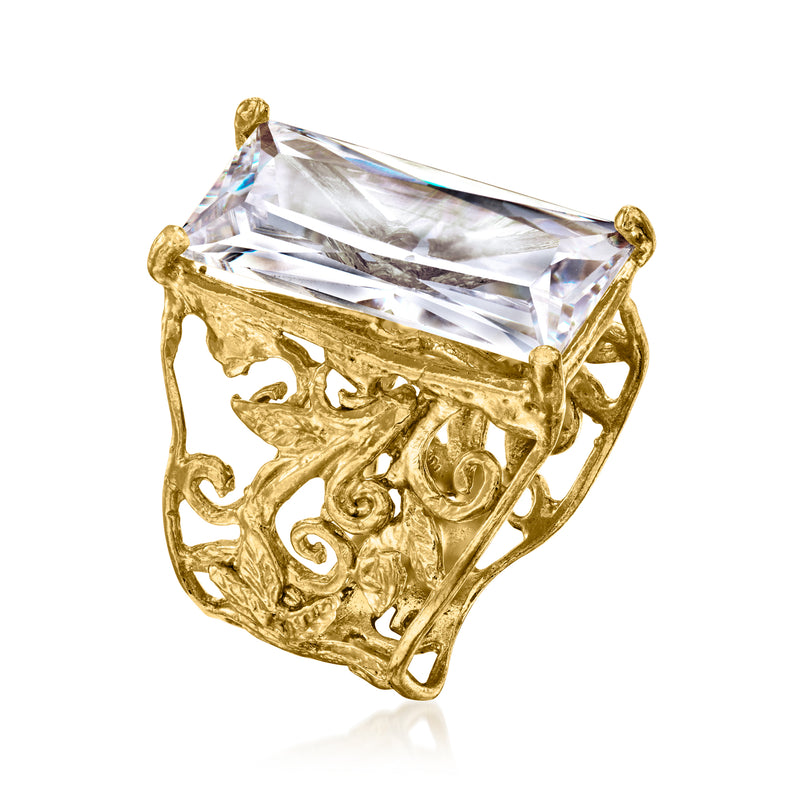 Gold-plated scrollwork ring with rectangular clear CZ and openwork side lattice