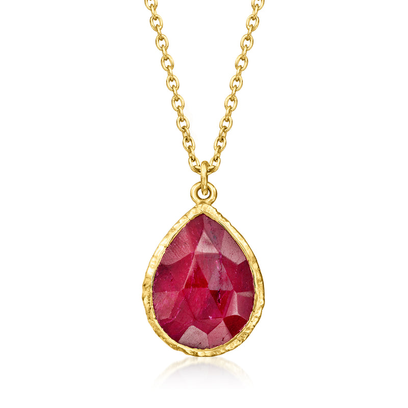 Gold necklace with teardrop ruby pendant, faceted red gemstone in gold bezel