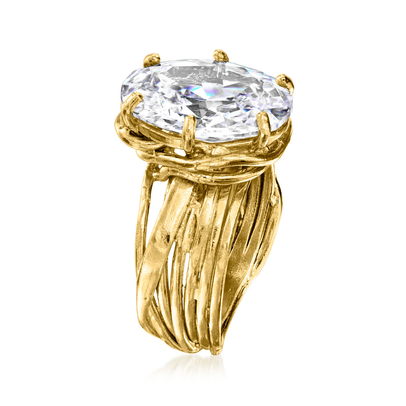 Oval clear CZ ring with gold oval prongs and ribbed band side view