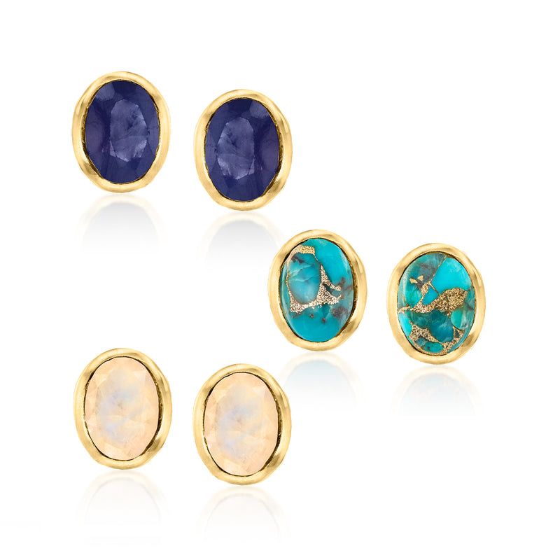 Oval gemstone stud earring set, six pairs with blue, turquoise, and opal stones in gold-tone