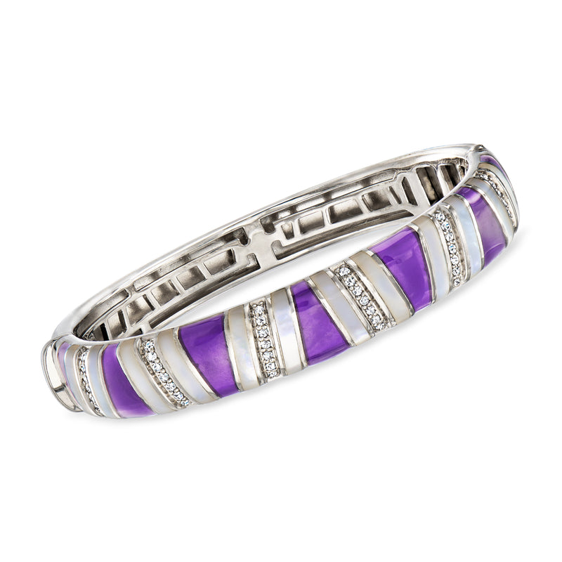 Sterling silver bangle bracelet with purple enamel panels and CZ accents