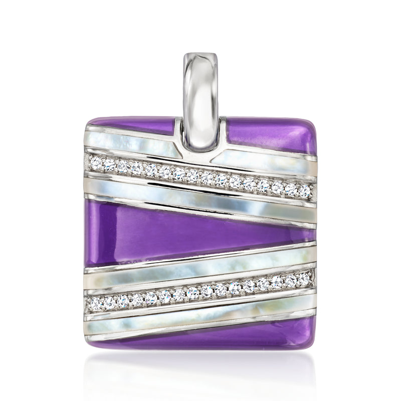 Square sterling silver pendant with purple enamel and CZ accents