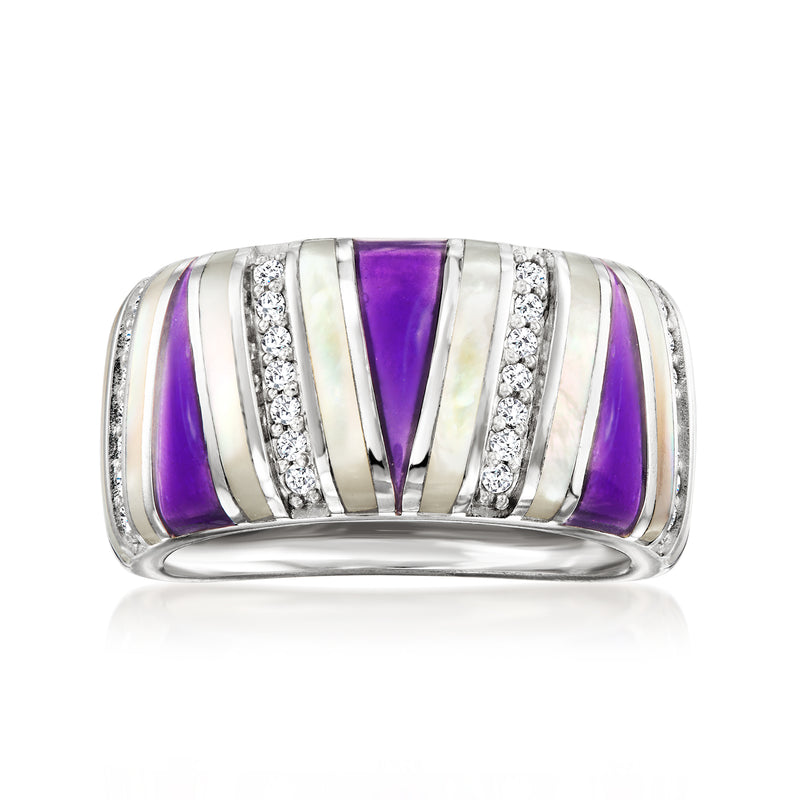 Sterling silver ring with purple enamel and clear CZ accents across the top