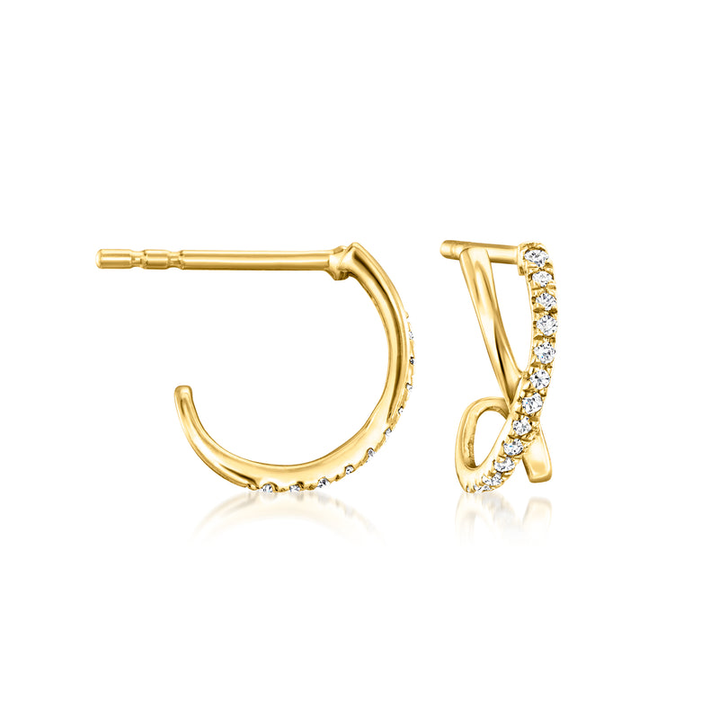 14kt yellow gold crisscross C-hoop earrings with small diamond accents, post back