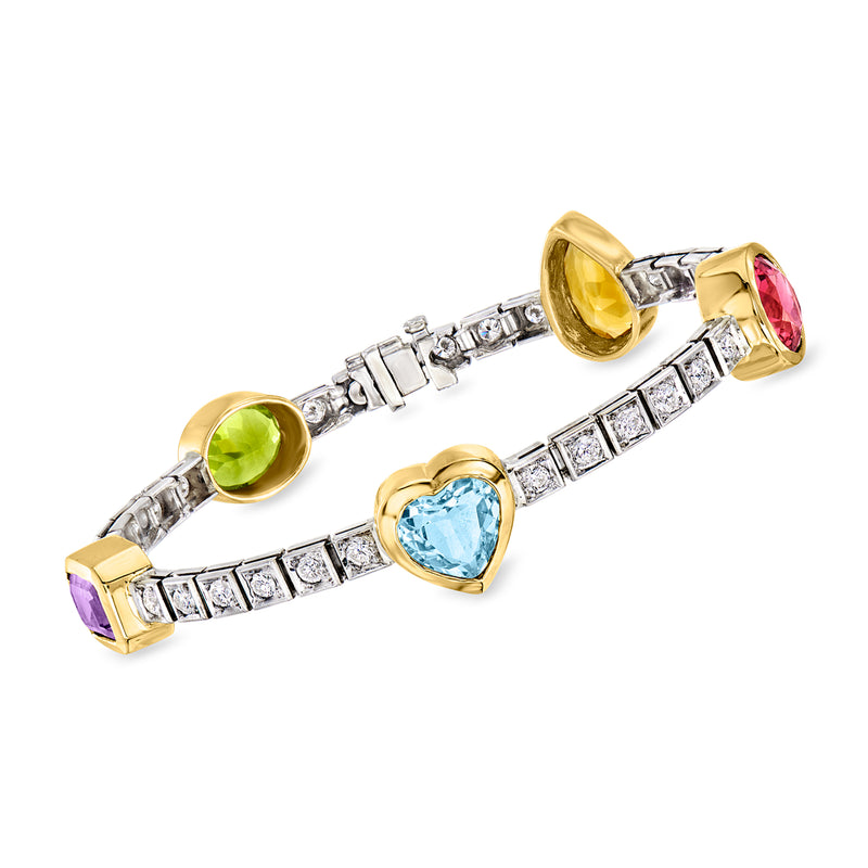 Two-tone gold gemstone and diamond tennis bracelet with oval green, blue, pink stones