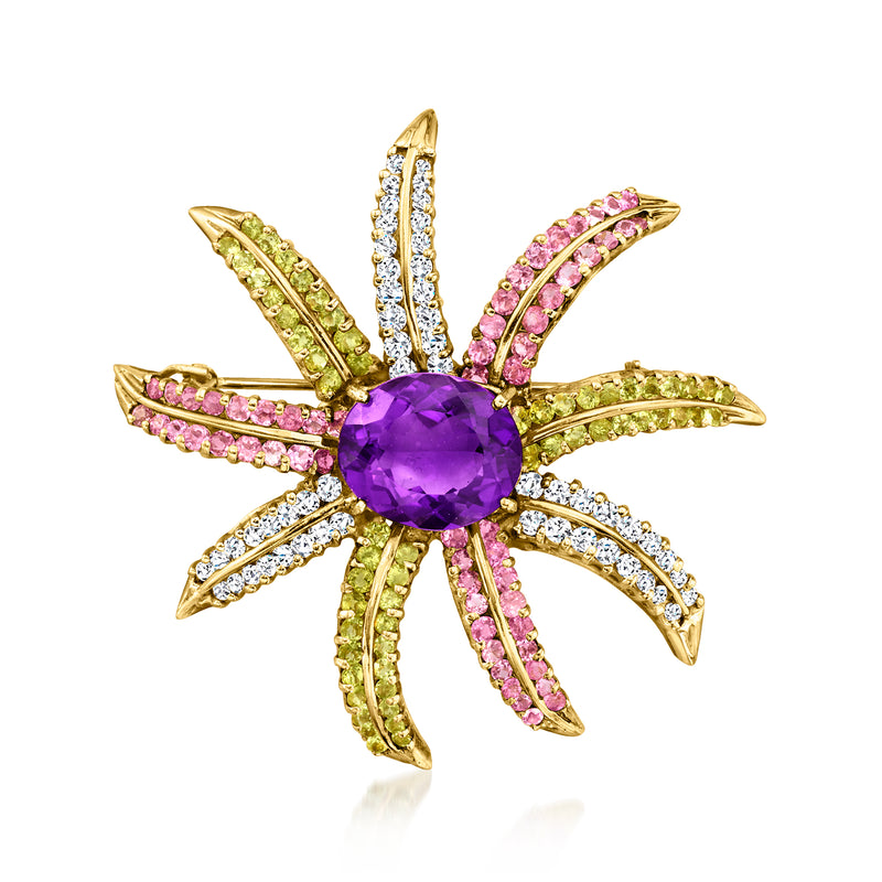 Amethyst burst pin in 18kt yellow gold with diamonds and pink gemstone accents