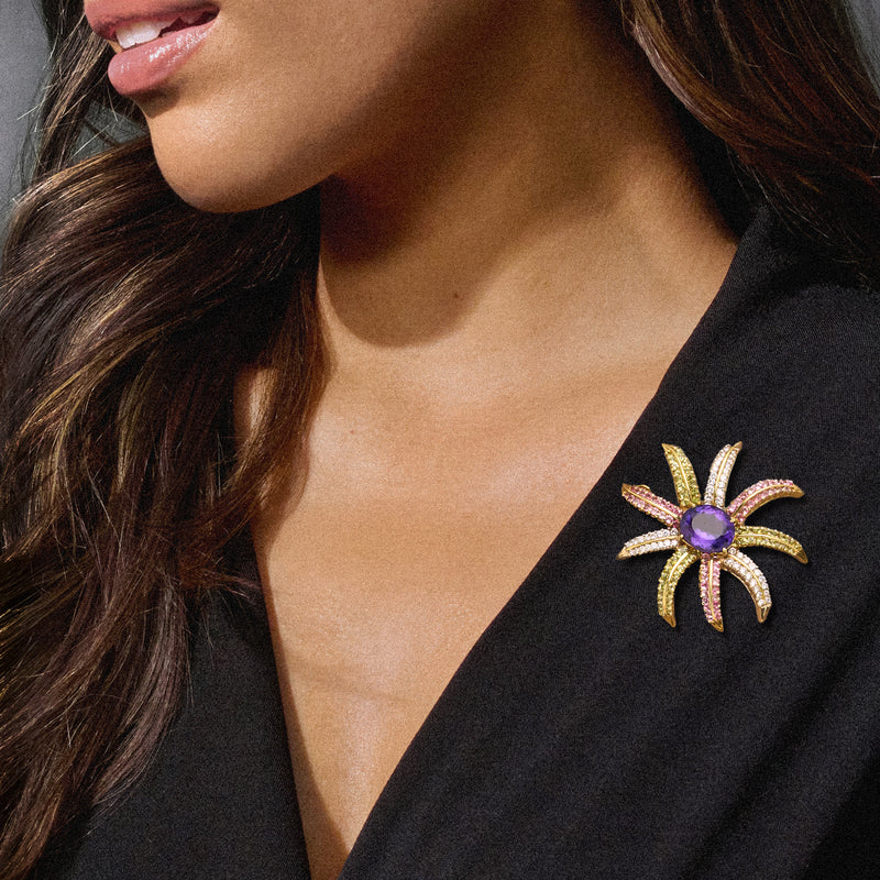 Amethyst flower burst pin, 18kt yellow gold with diamonds and pink stones