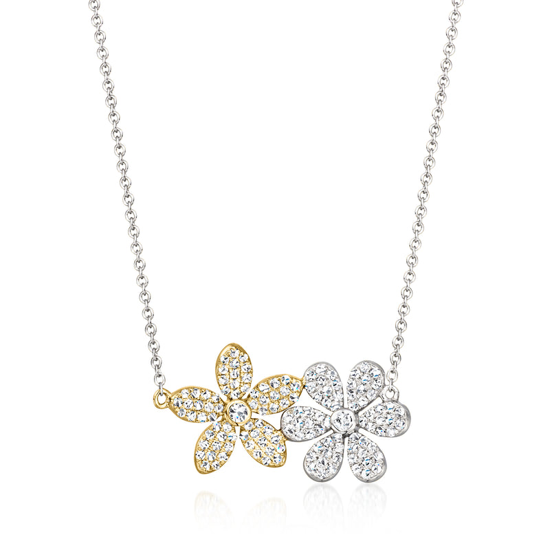 Two-tone 14kt gold diamond double-flower necklace with yellow and white petal clusters.