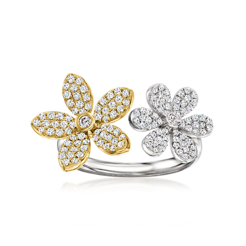 Two-tone gold diamond double-flower ring with pavé petals