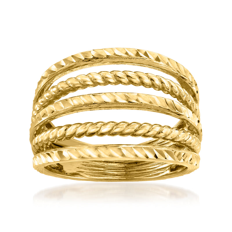 Gold over sterling multi-row ring with twisted, ridged, and etched bands