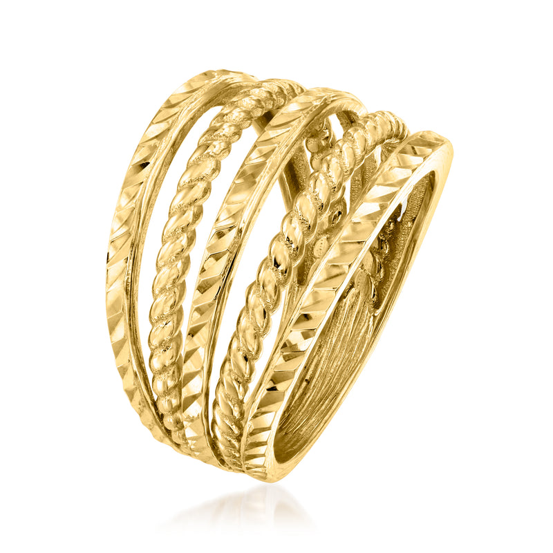Gold over sterling multi-row ring with braided, ridged, and diagonal etched textures