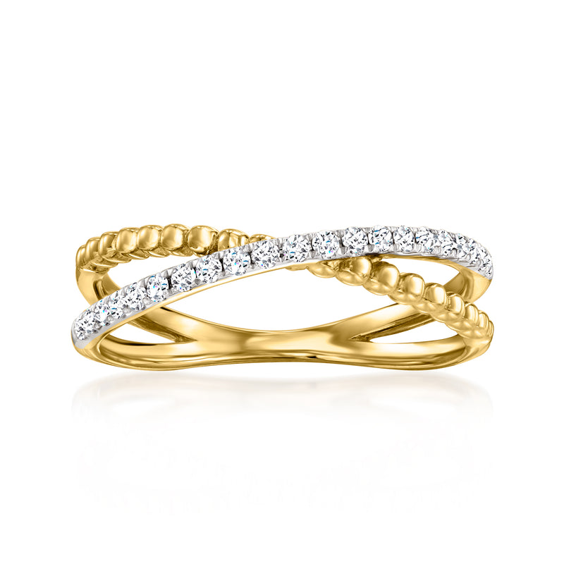 14kt yellow gold crisscross ring with diamond-set top band and polished interior