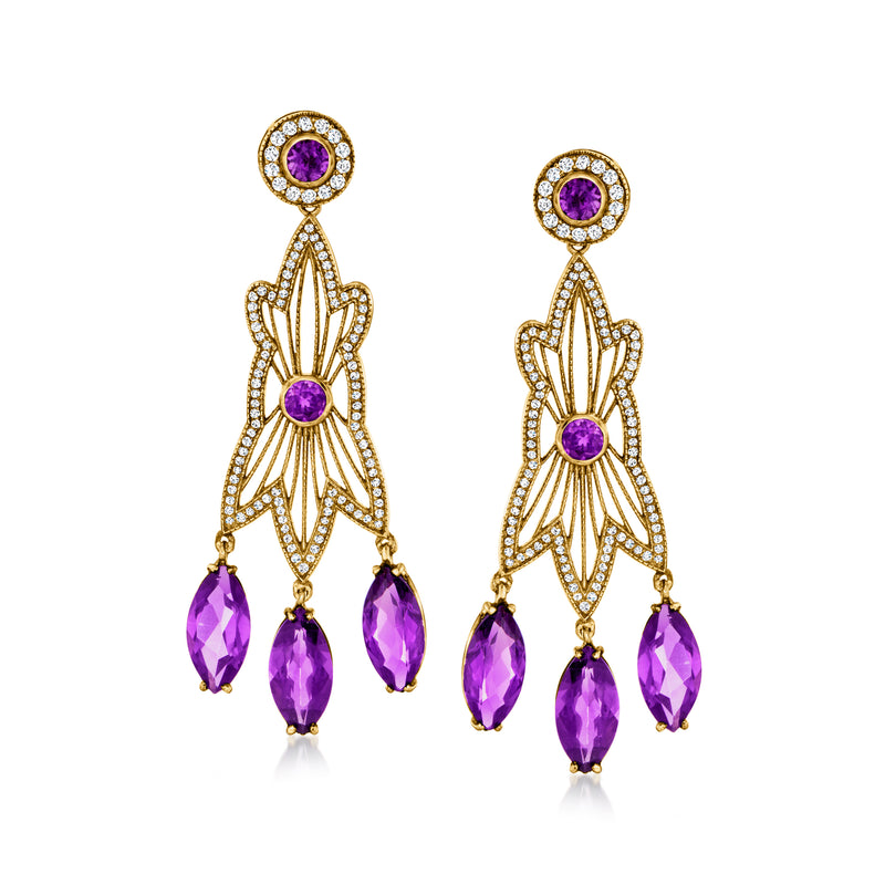 18kt yellow gold drop earrings with round amethyst centers, diamond halo and purple amethyst drops
