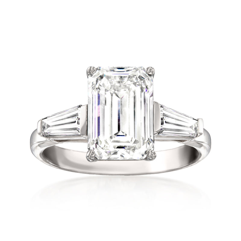 Emerald-cut lab-grown diamond ring in white gold with baguette side stones
