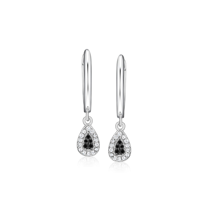 Sterling silver diamond hoop drop earrings with teardrop black and white stones