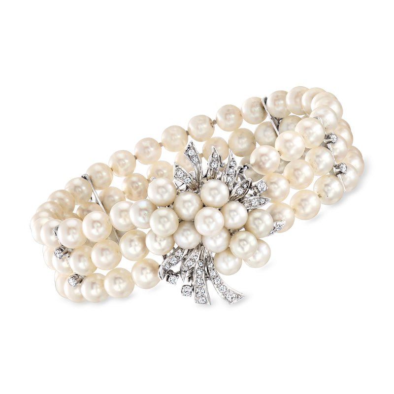 Vintage three-row cultured pearl bracelet with diamond starburst clasp, white gold