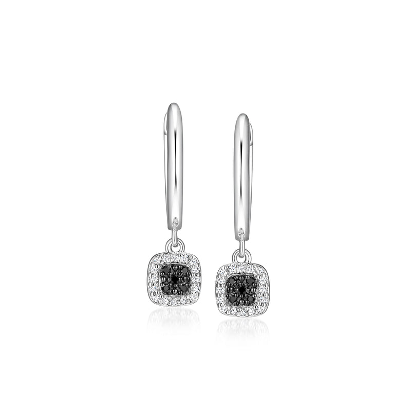 Sterling silver hoop drop earrings with black and white diamond square charms