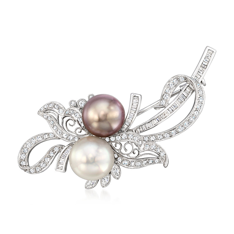 Vintage cultured pearl and diamond pin in white gold with black and white pearls