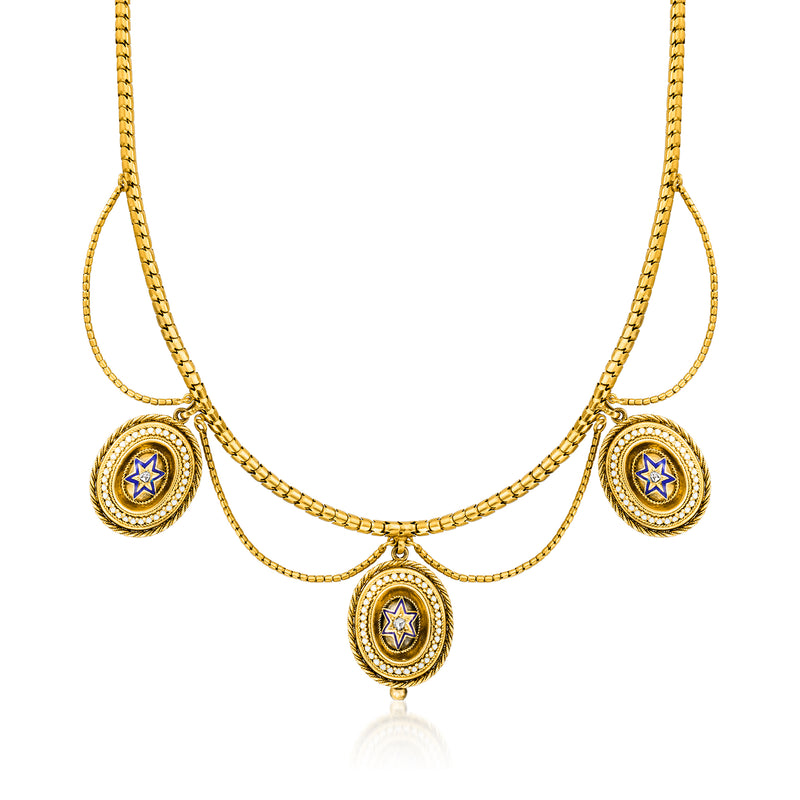 Vintage yellow gold drop necklace with multicolored enamel star medallions