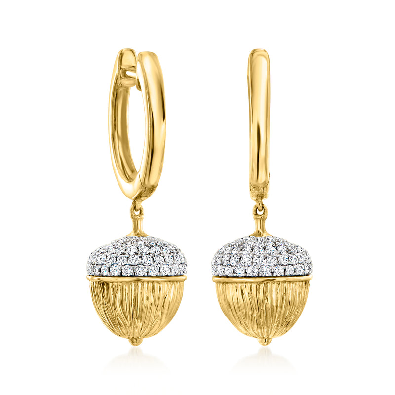 Diamond acorn drop hoop earrings in 18kt gold over sterling