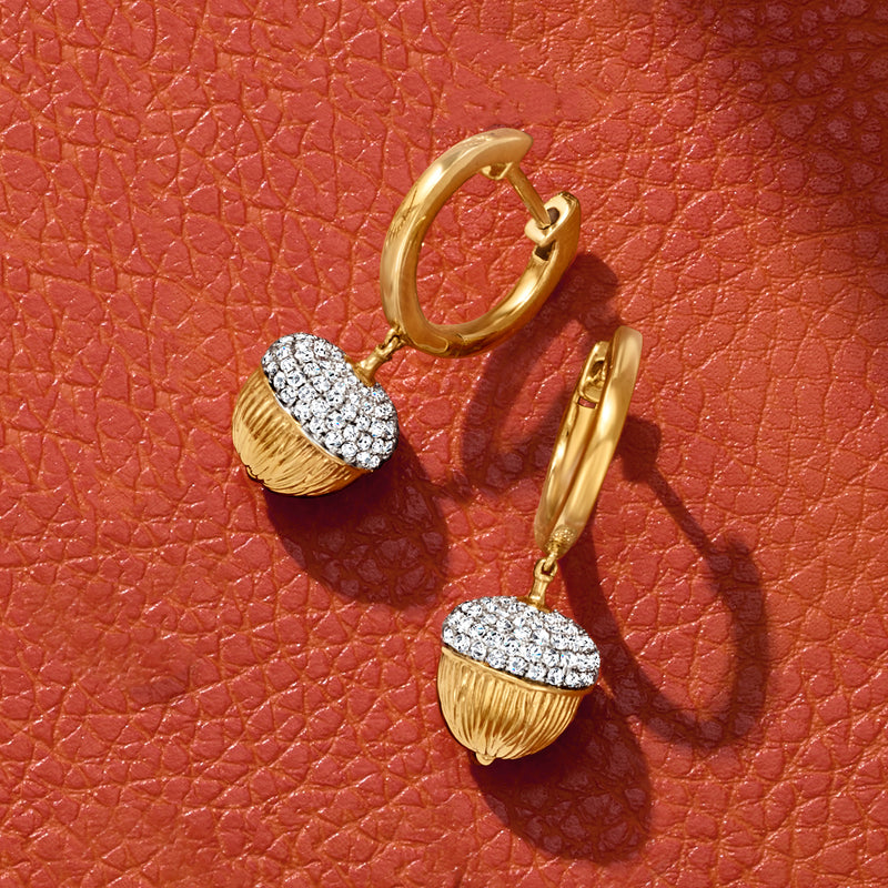Gold over sterling diamond acorn hoop drop earrings