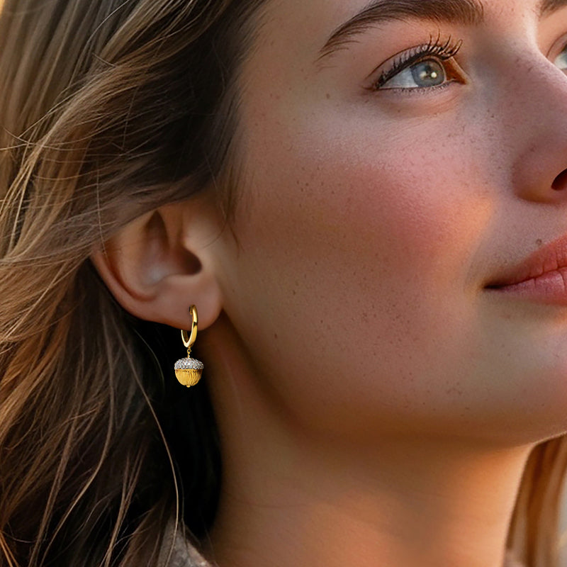 Diamond acorn hoop drop earrings in gold over sterling