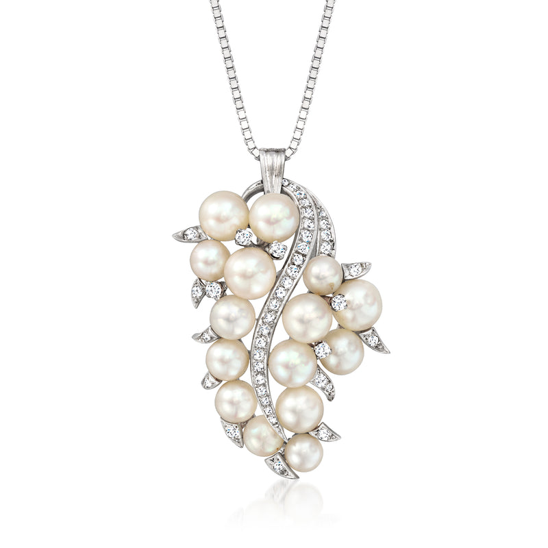 White gold pendant necklace with clustered round cultured pearls and diamond accents