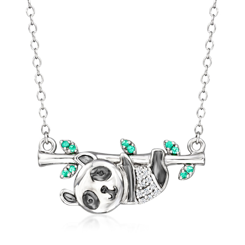 Sterling silver panda pendant necklace with green gemstone accents and sparkle details