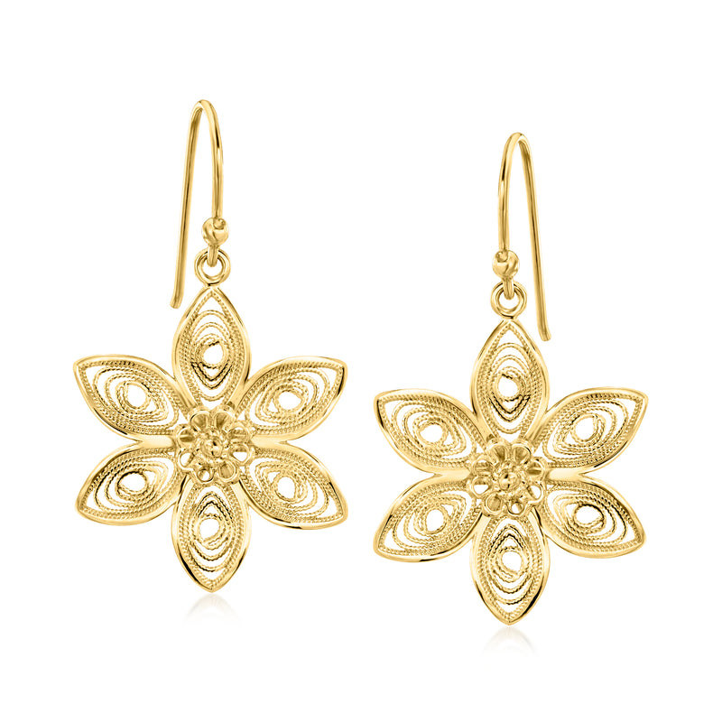 Gold filigree floral drop earrings with ornate petal design and earwire hooks