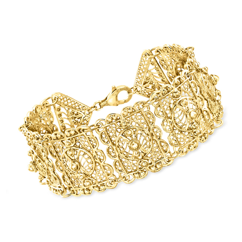 Gold over sterling filigree link bracelet with ornate lattice oval panels