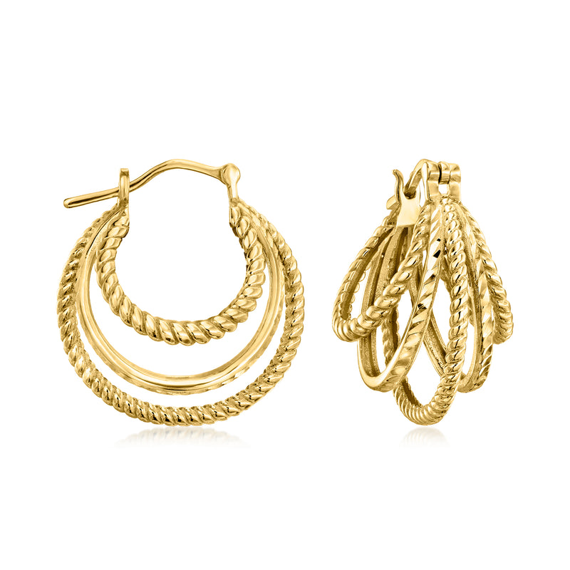 Gold over sterling multi-hoop earrings, rope-textured hoops