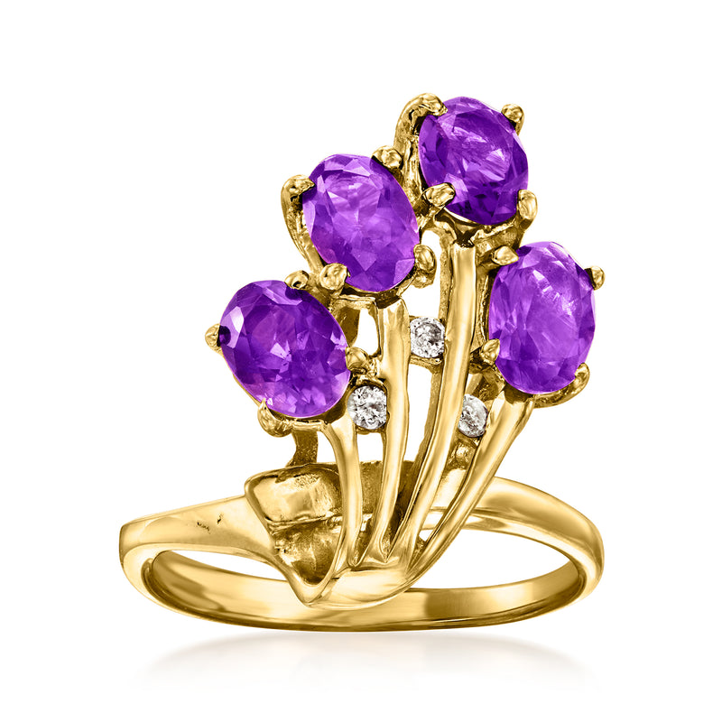 14kt yellow gold ring with oval amethyst gemstones and diamond accents