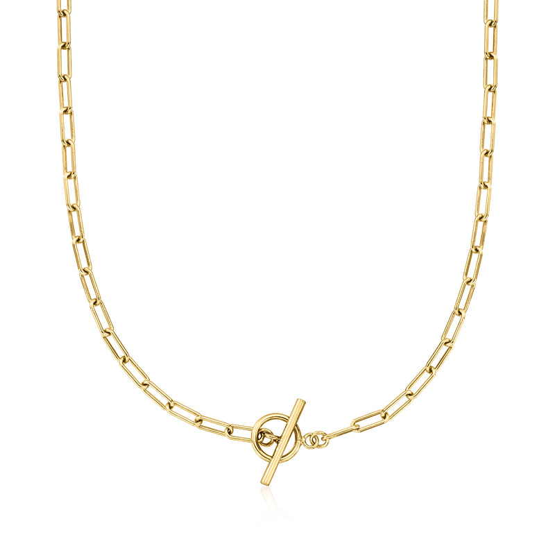 Gold vermeil paper clip link necklace with toggle clasp, close-up
