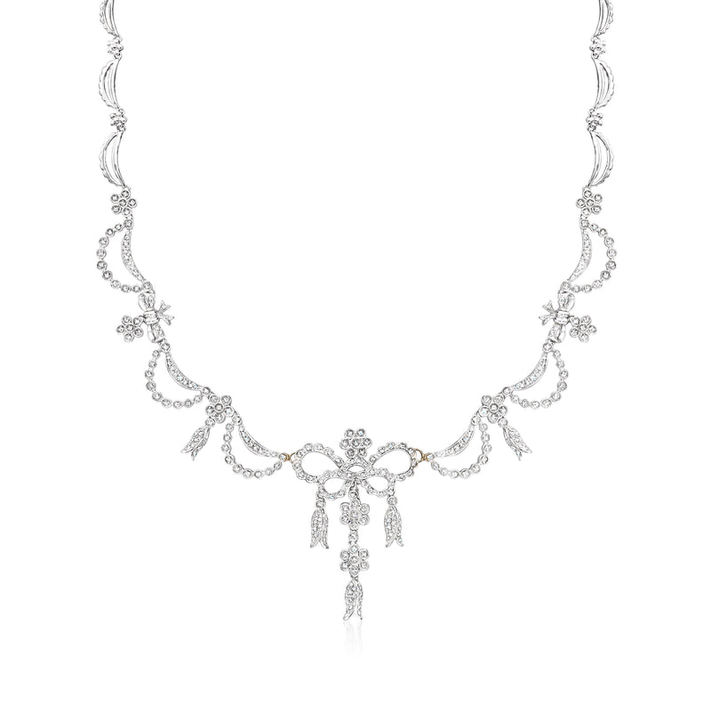 14kt white gold diamond scalloped drop necklace with floral garland and central drop