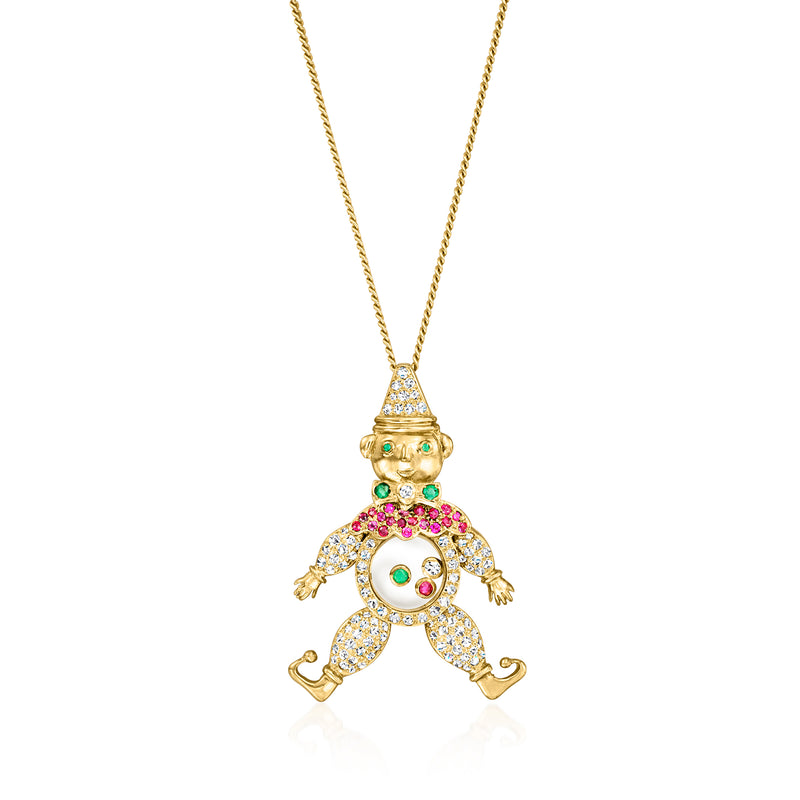Gold clown pendant necklace with multicolor gemstone accents and jeweled details