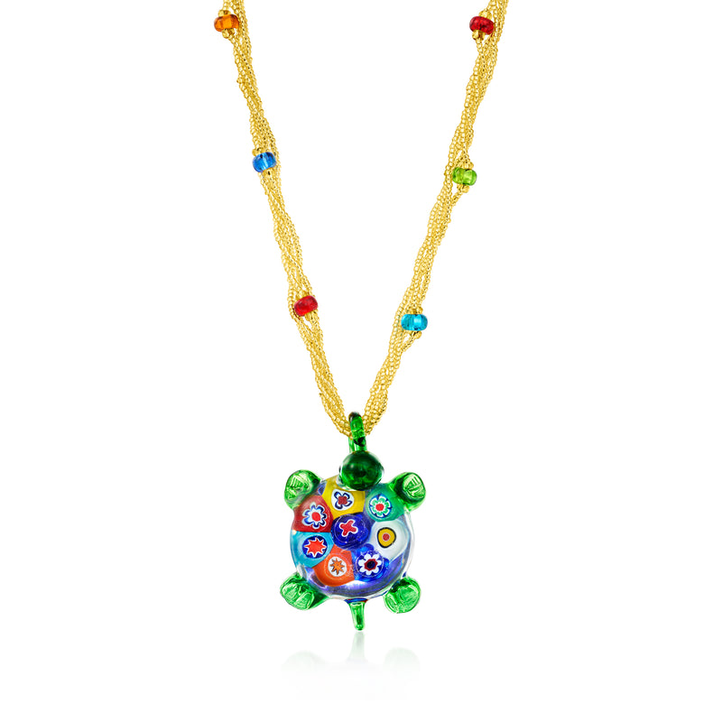 Multi-strand turtle pendant necklace with green and multicolor glass bead centerpiece