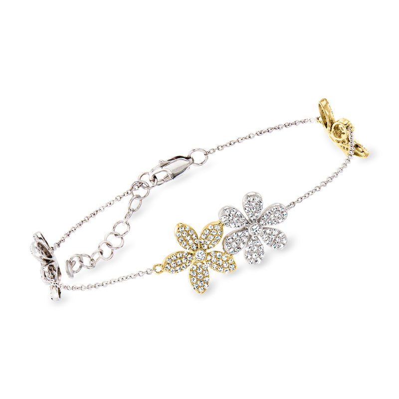 Two-tone gold diamond multi-flower bracelet with four-petal clover motif and chain links