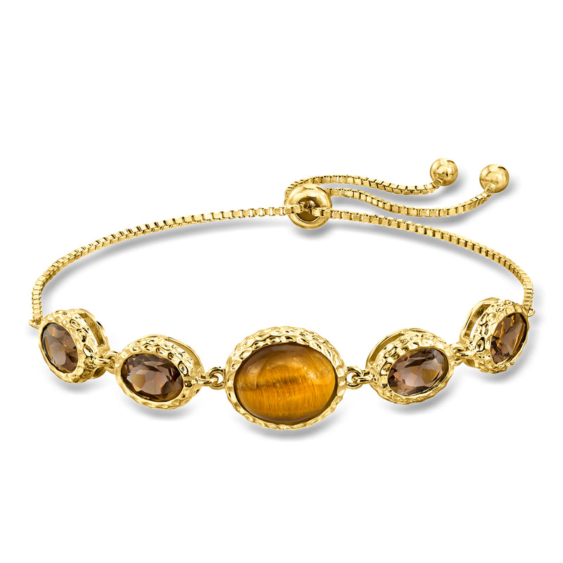 Gold bolo bracelet with oval tiger-eye and smoky quartz beads, adjustable cord clasp