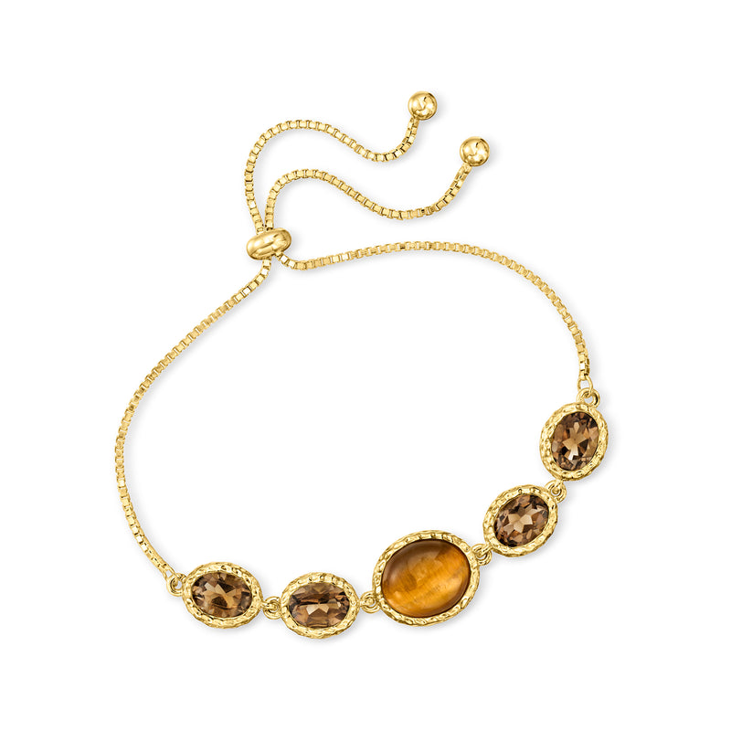 Tiger-eye and smoky quartz bolo bracelet with gold-toned beads and adjustable cord