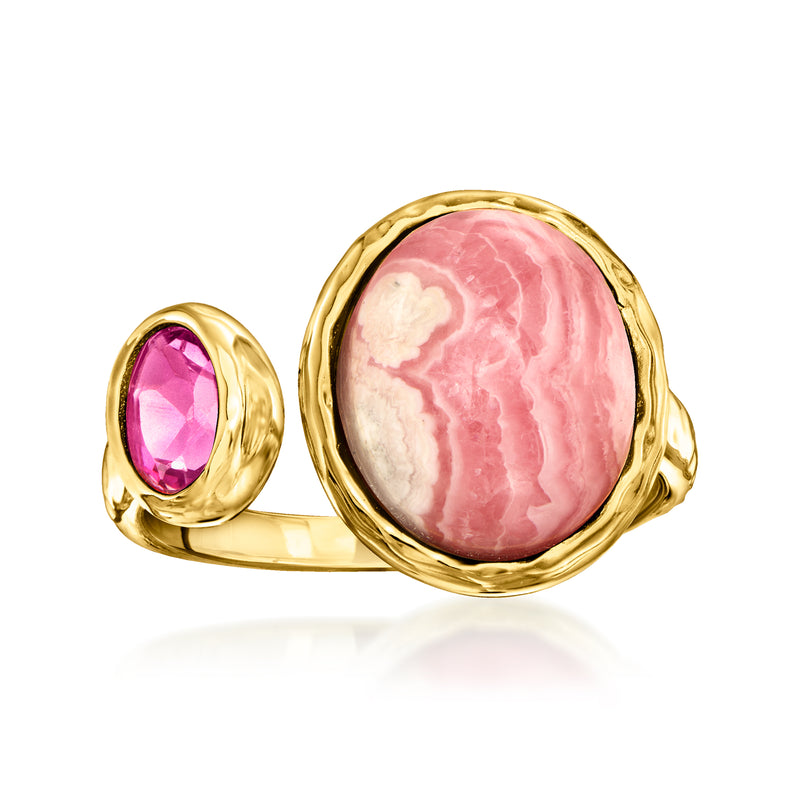 Gold tone toi et moi ring with pink oval rhodochrosite center and pink topaz accent