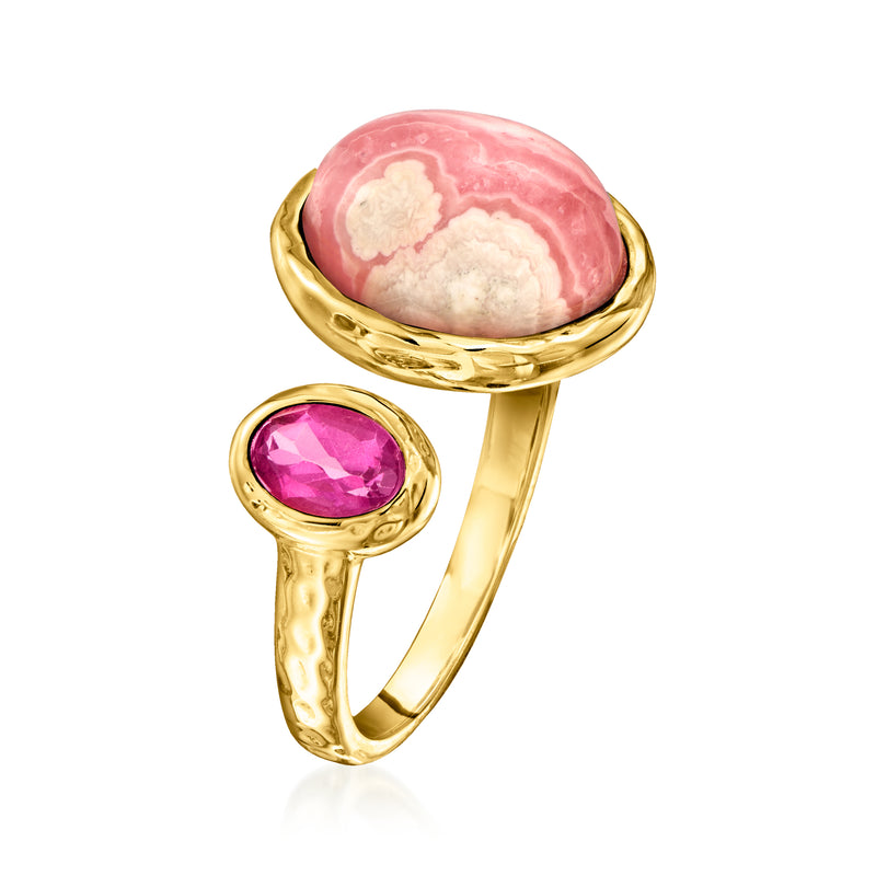 Gold tone oval pink rhodochrosite ring with magenta pink topaz side stone