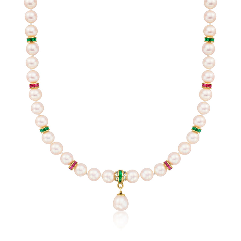 Cultured pearl necklace with gold clasp and multicolor gemstone spacers