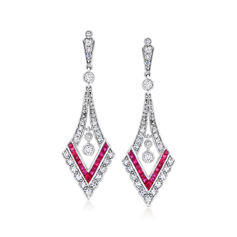 Platinum vintage diamond and ruby drop earrings, geometric oval and teardrop motif