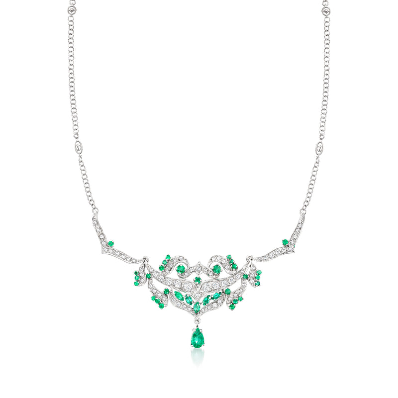 Emerald and diamond drop necklace, green center teardrop on white gold chain