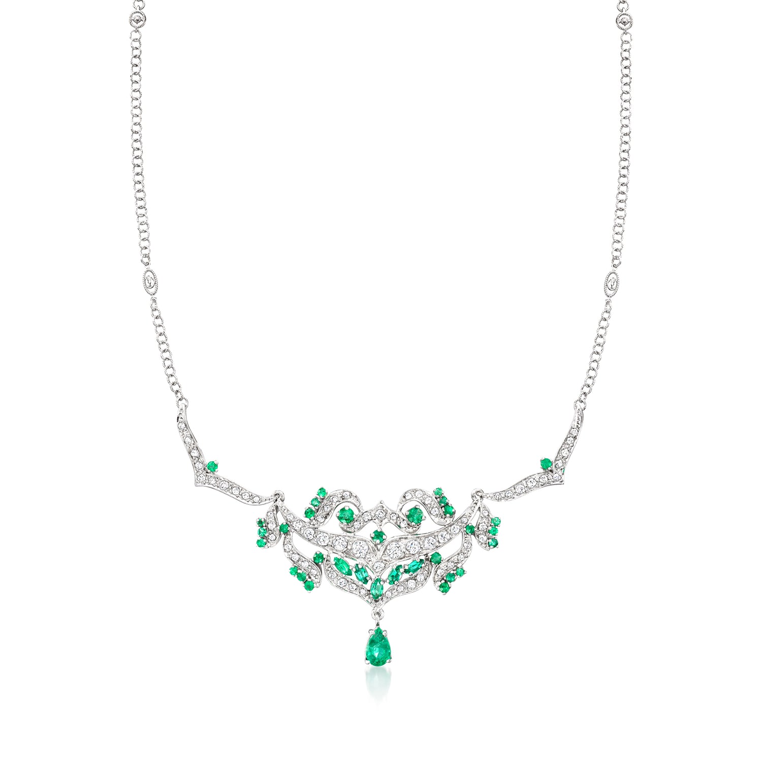 C. 1980 Vintage 2.95 ct. t.w. Emerald and 1.75 ct. t.w. Diamond Drop Necklace in 10kt and 18kt White Gold